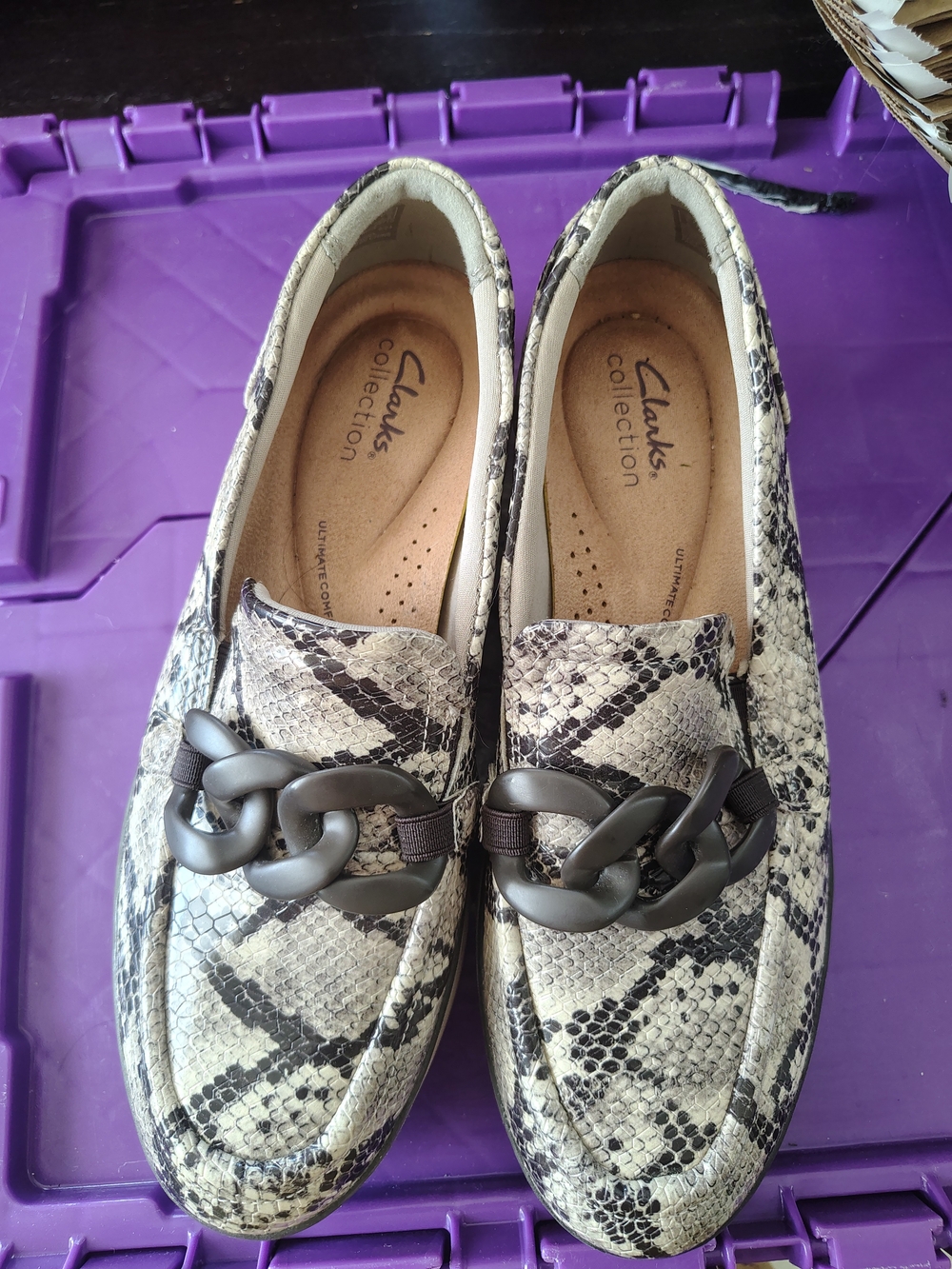Clarks Snake-Print Slip-On Loafers in Beige and Black